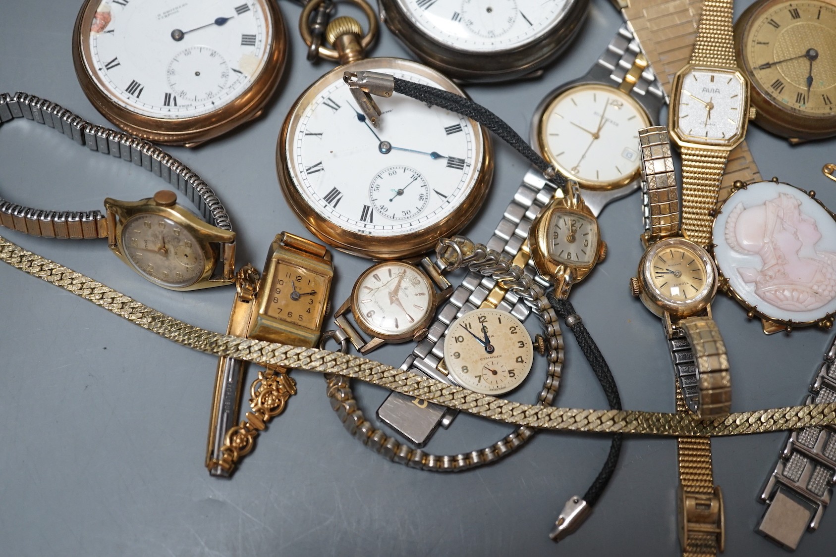 Four assorted pocket watches including tow silver and two gold plated, a brass cased fob watch and a group of sundry lady's and gentleman's mainly modern wrist watches, including Pulsar.